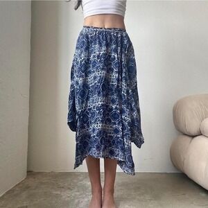 Hollister Blue White Print Asymmetrical Hem Boho Midi Skirt